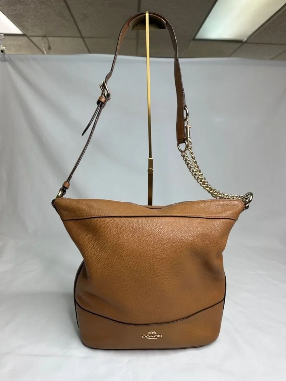 Coach Brown Pebbled Leather Shoulder Bag with Gold Chain